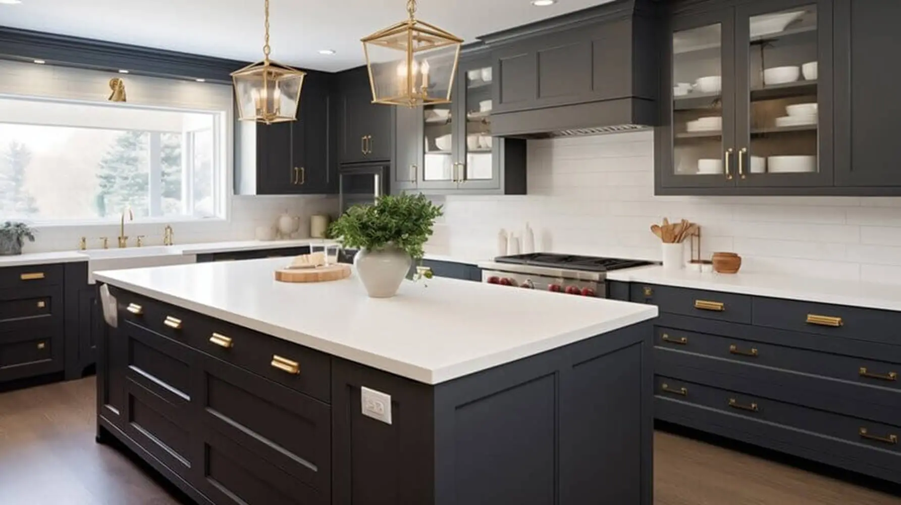 Dark charcoal kitchen cabinets with gold hardware showing a cabinet refacing vs refinishing comparison result in a modern Metro Detroit kitchen.