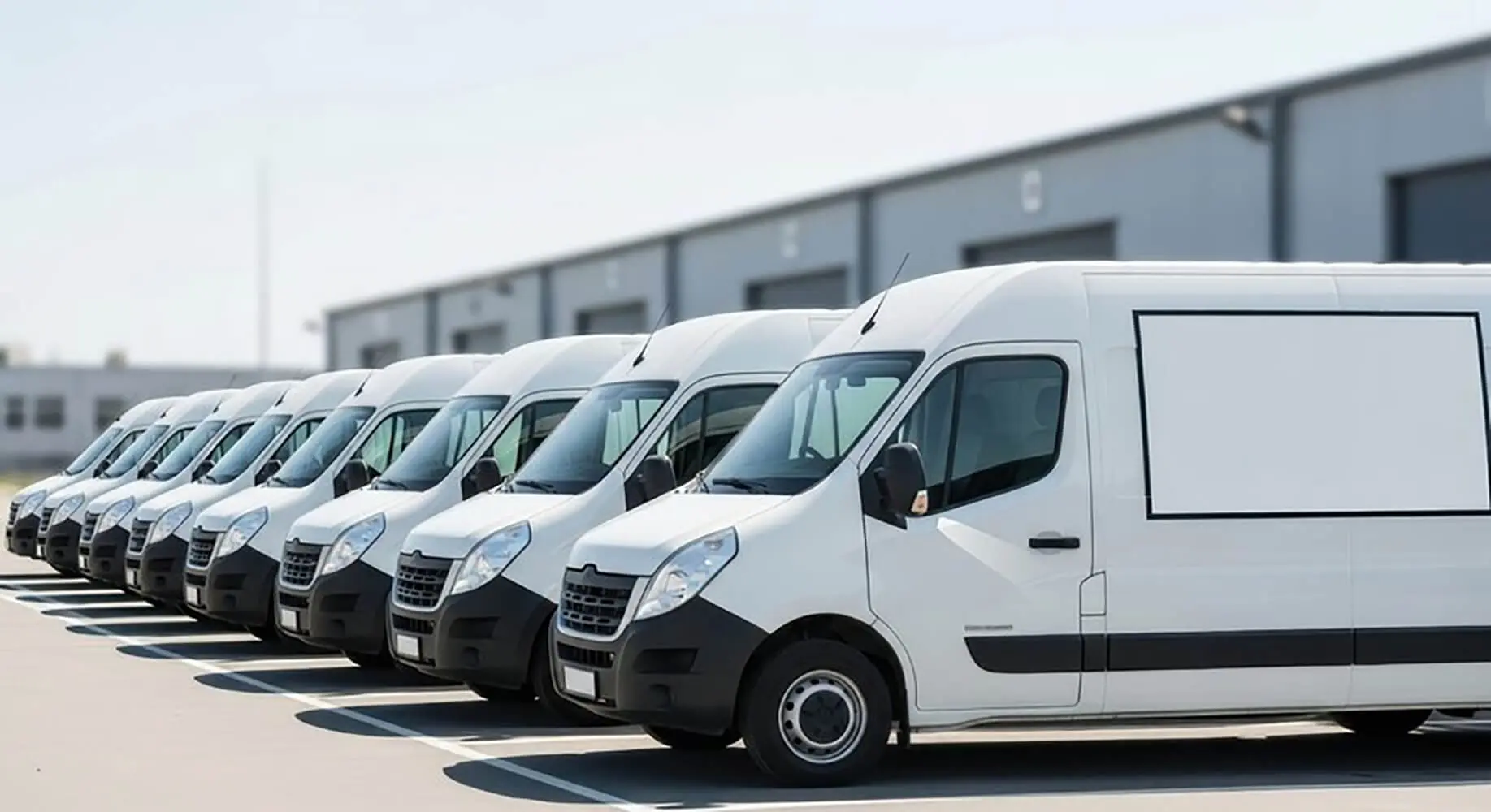 A row of white commercial fleet vans parked outside a facility, representing fleet vehicles that benefit from professional fleet painting for corrosion protection.