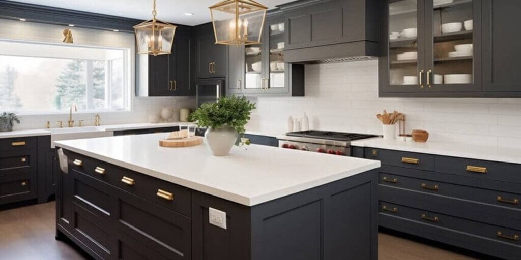 Dark charcoal kitchen cabinets with gold hardware showing a cabinet refacing vs refinishing comparison result in a modern Metro Detroit kitchen.