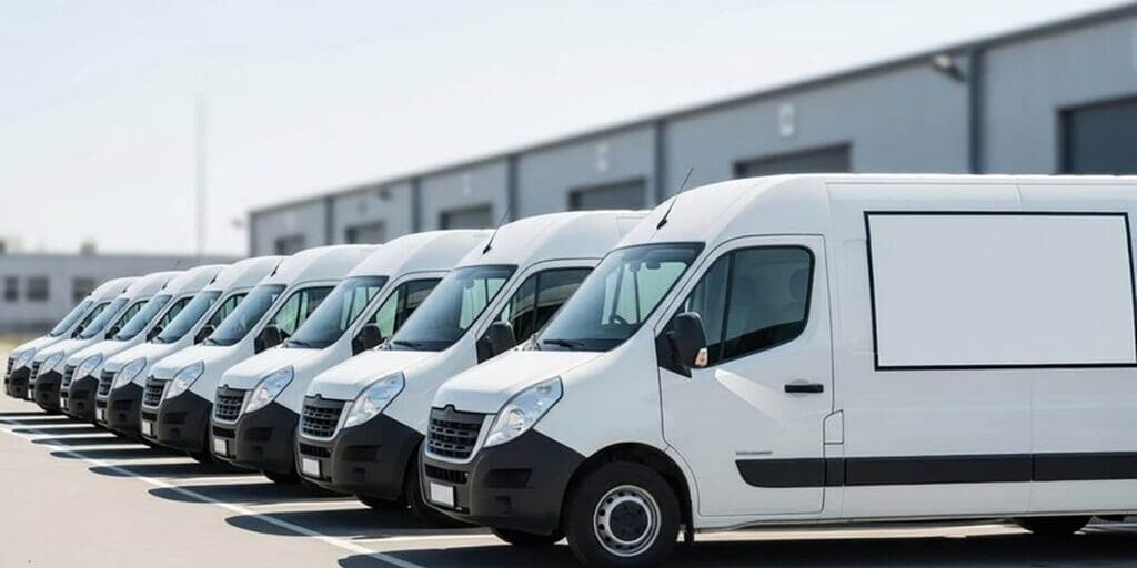 A row of white commercial fleet vans parked outside a facility, representing fleet vehicles that benefit from professional fleet painting for corrosion protection.