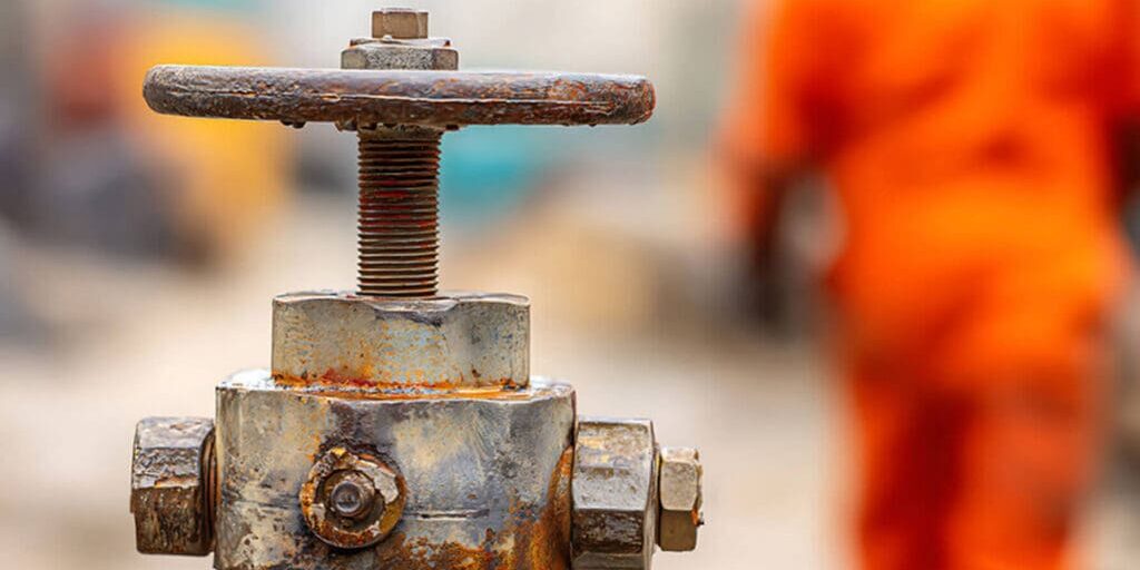 Close-up of a corroded industrial valve showing rust and coating failure, illustrating the signs industrial machinery needs repainting.